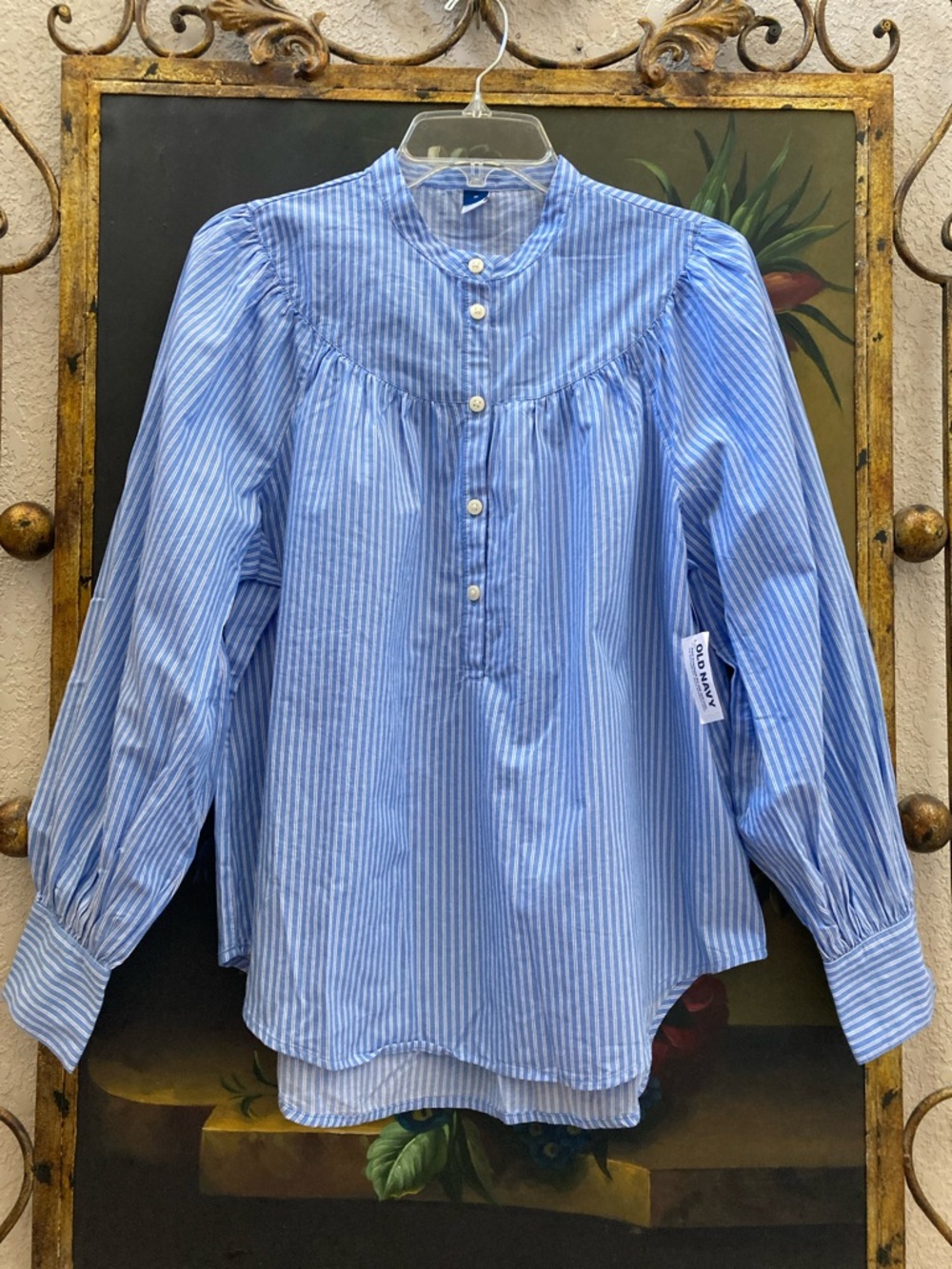 Old Navy 100% Cotton Blue Striped Henley Blouse w/ Puff Sleeves P2P